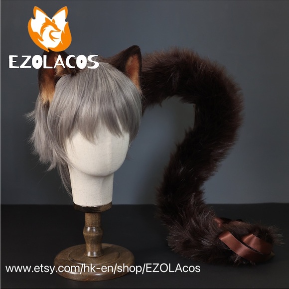 Handmade Siamese Cat Ears & Tail, Halloween Cosplay Costume Party Faux Fur Brown - Picture 5 of 5